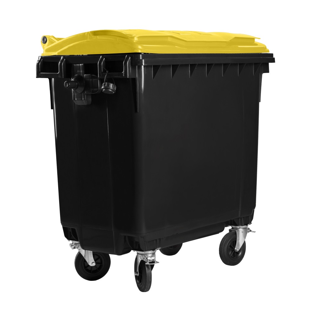 Bauer Müllcontainer 660 l Schwarz mit gelbem Flachdeckel