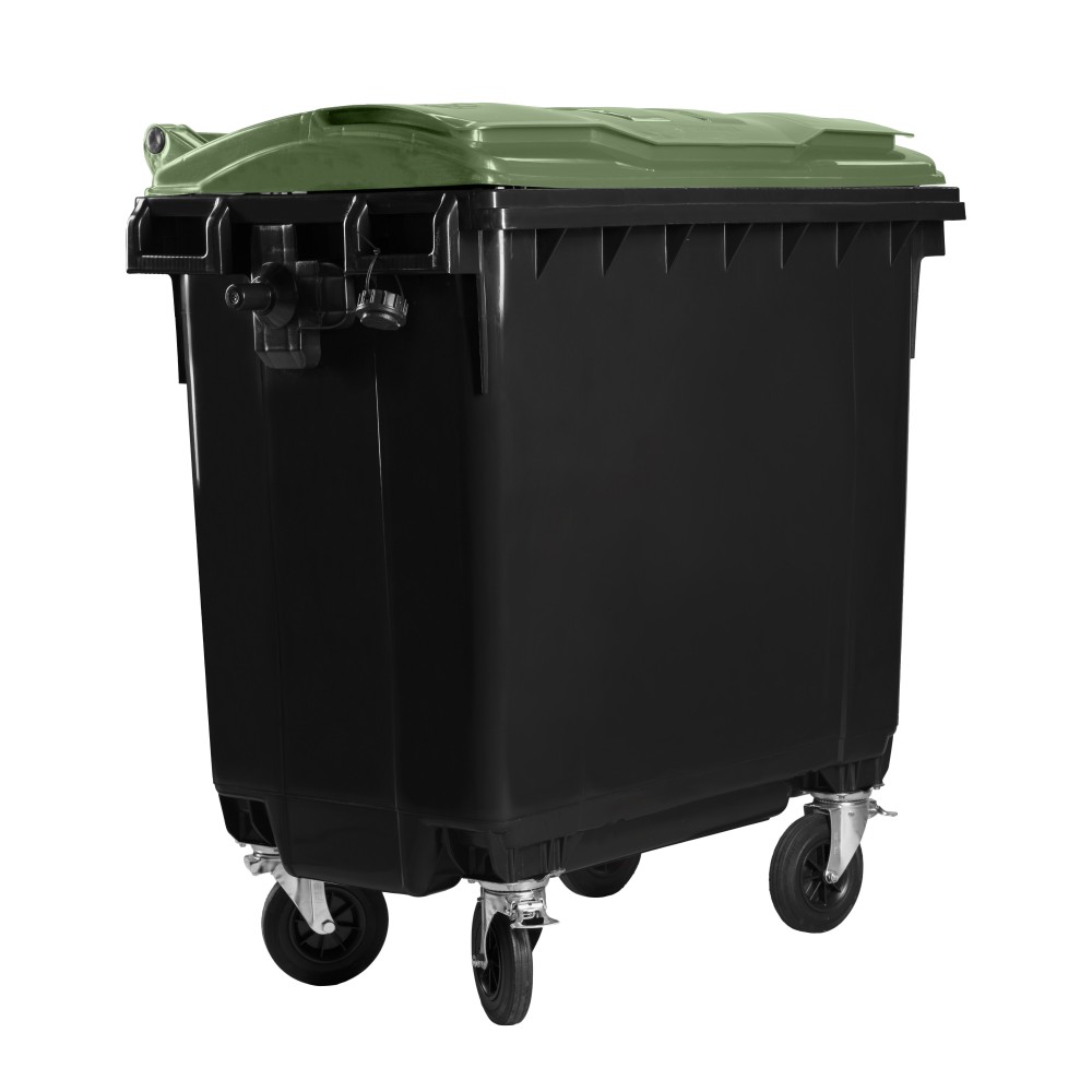 Bauer Müllcontainer 660 l Schwarz mit grünem Flachdeckel