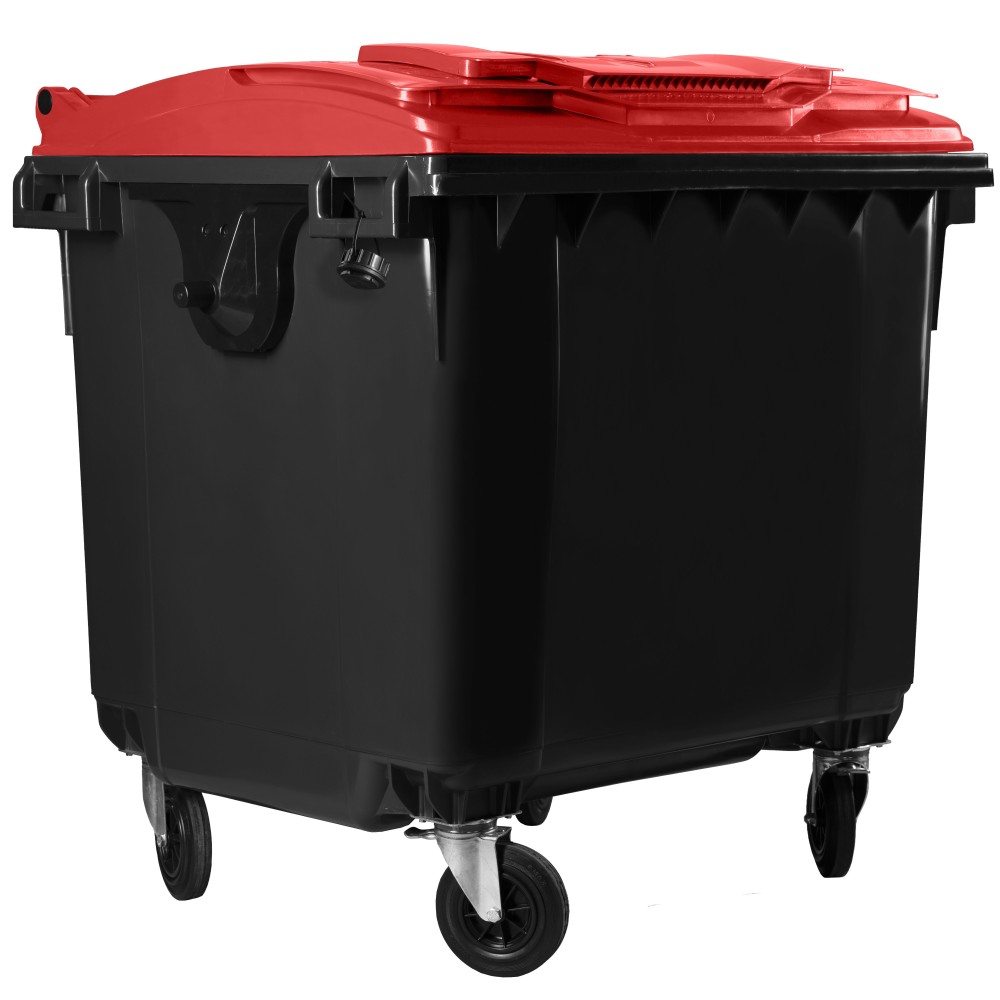 Bauer Müllcontainer 1100 l Schwarz mit rotem Flachdeckel, Deckel im Deckel