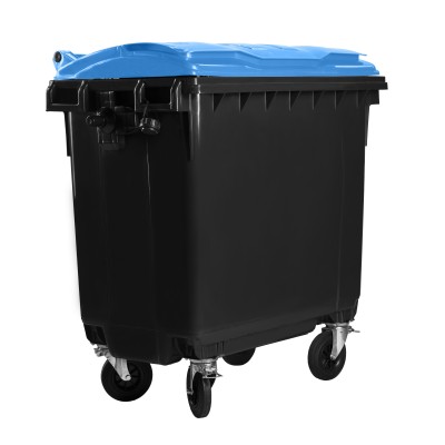 Bauer Müllcontainer 770 l Schwarz mit blauem Flachdeckel