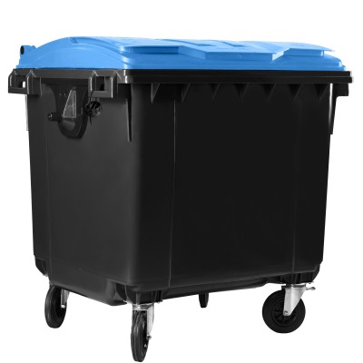 Bauer Müllcontainer 1100 l Schwarz mit blauem Flachdeckel