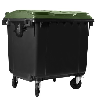 Bauer Müllcontainer 1100 l Schwarz mit grünem Flachdeckel