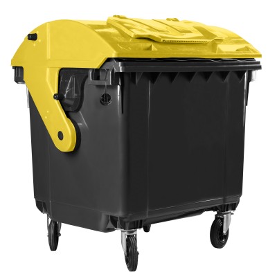 Bauer Müllcontainer 1100 l Schwarz mit gelbem Runddeckel, Deckel im Deckel