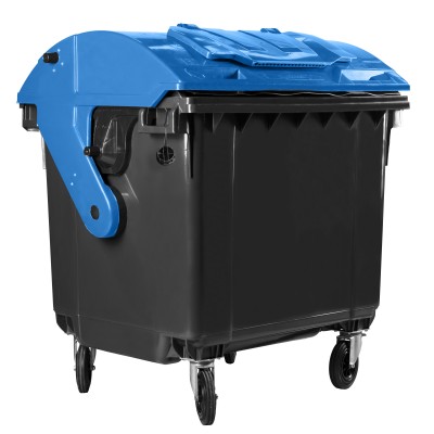 Bauer Müllcontainer 1100 l Schwarz mit blauem Runddeckel, Deckel im Deckel