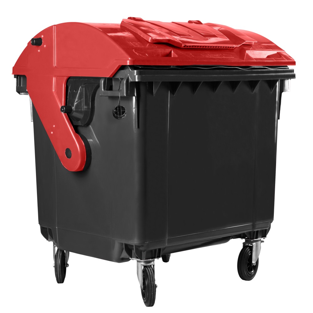 Bauer Müllcontainer 1100 l Schwarz mit rotem Runddeckel, Deckel im Deckel