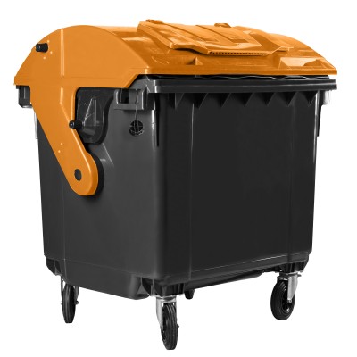 Bauer Müllcontainer 1100 l Schwarz mit orangenem Runddeckel, Deckel im Deckel