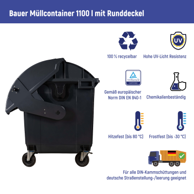 Bauer Müllcontainer 1100 l Schwarz mit Runddeckel-19